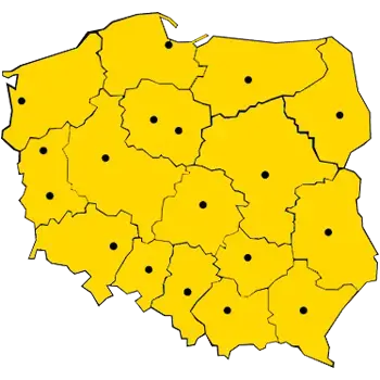 Mapa Polski z głównymi miastami w województwach. Obszar ogólnopolskiej pomocy drogiwej e-OPAK